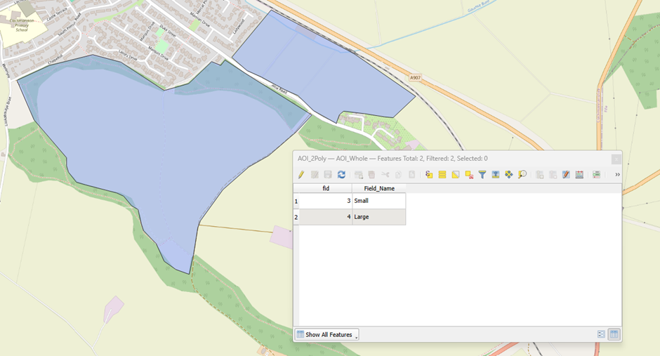 screenshot of GIS software showing a multi-polygon dataset with multiple rows in the attribute table