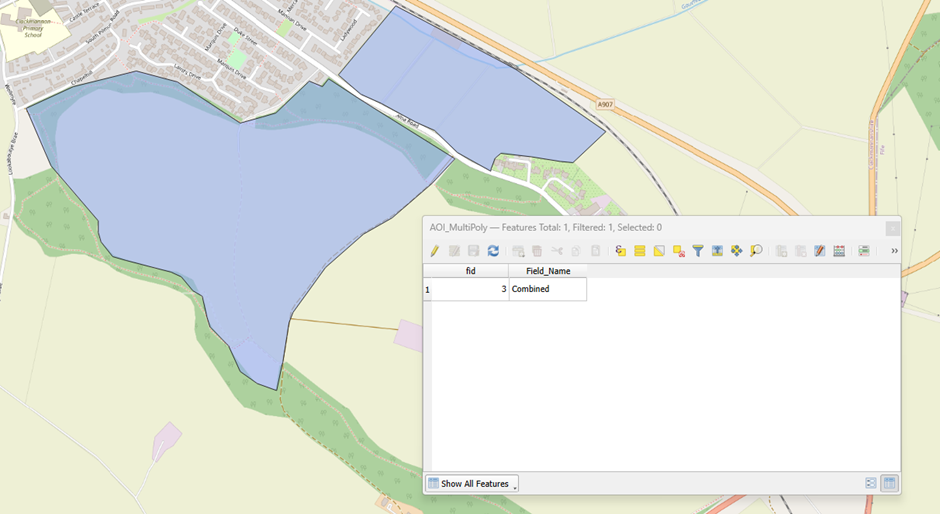 screenshot of GIS software showing a multi-polygon dataset with a single row in the attribute table
